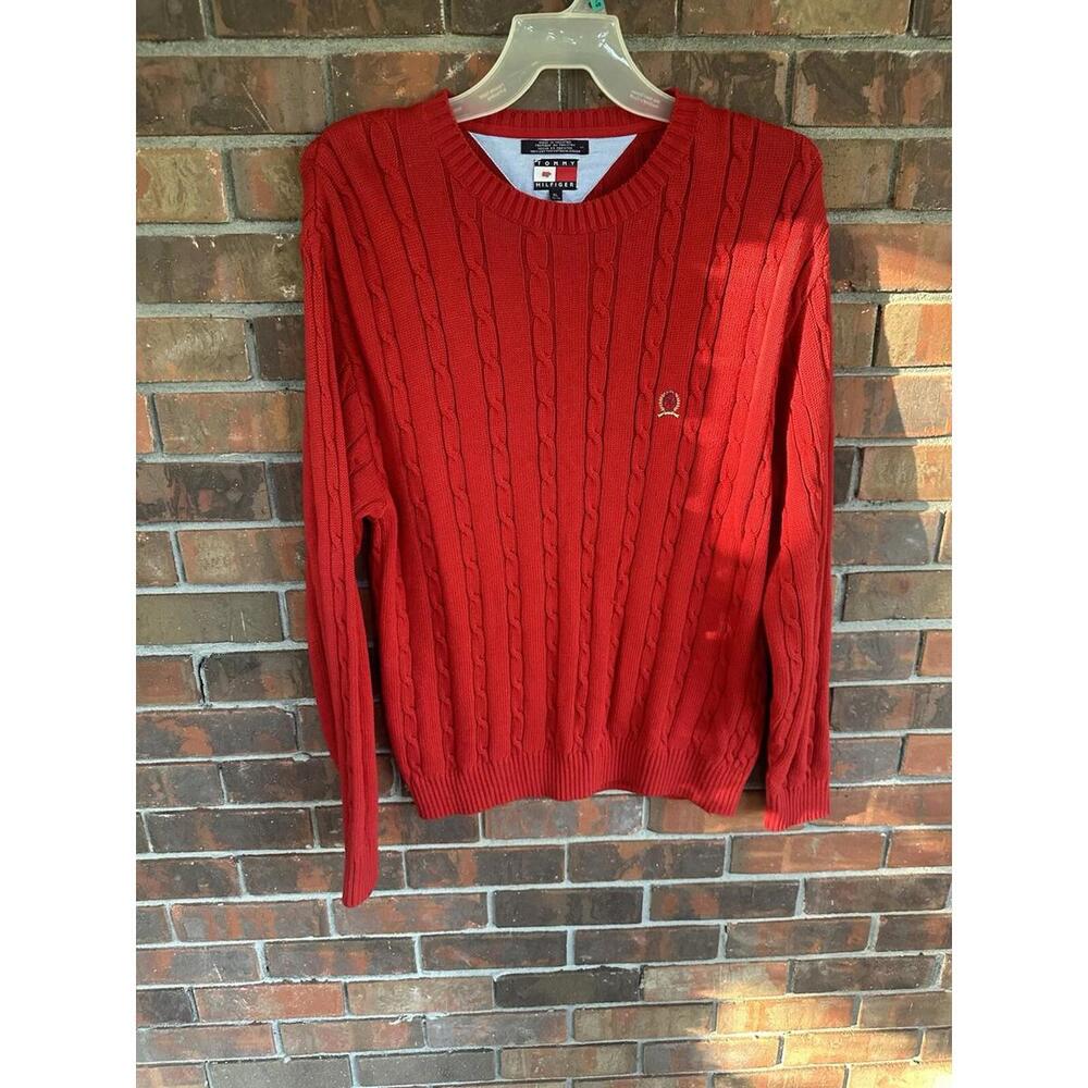 VINTAGE Tommy Hilfiger Heavy Knit Red Crest Logo Sweater- Men’s XL